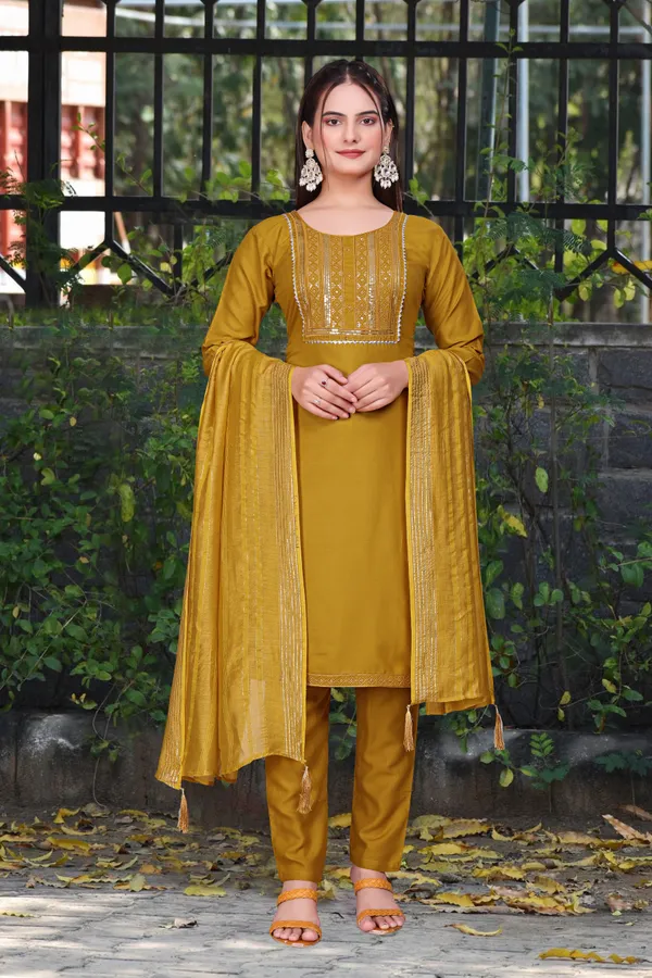 Mustard_Cotton_Rayon_Embroidered_3/4_Sleeve_Round_Neck_Kurta_Pant_For_Women
