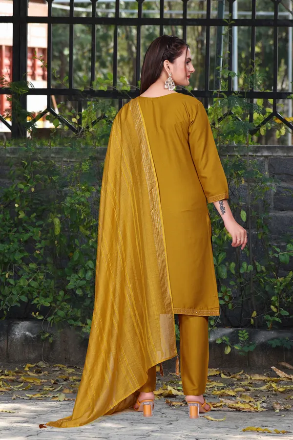 Mustard_Cotton_Rayon_Embroidered_3/4_Sleeve_Round_Neck_Kurta_Pant_For_Women