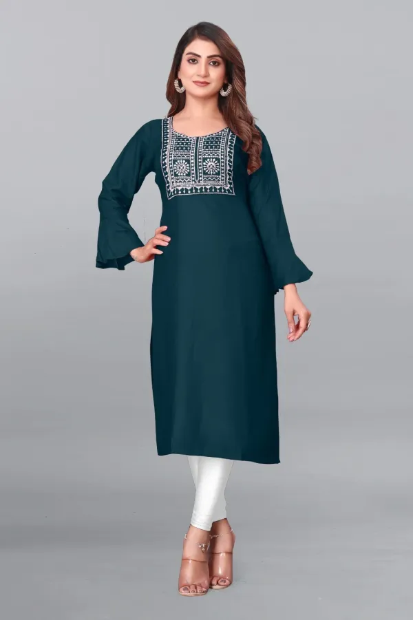 Dark_Green_Cotton_Rayon_Embroidered_3/4_Sleeve_Round_Neck_Kurta_For_Women