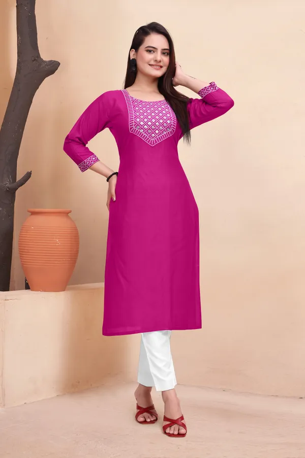 Pink_Cotton_Rayon_Embroidered_3/4_Sleeve_Round_Neck_Kurta_For_Women