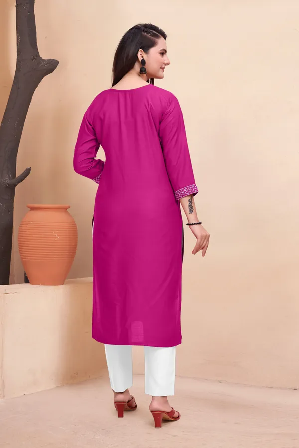 Pink_Cotton_Rayon_Embroidered_3/4_Sleeve_Round_Neck_Kurta_For_Women