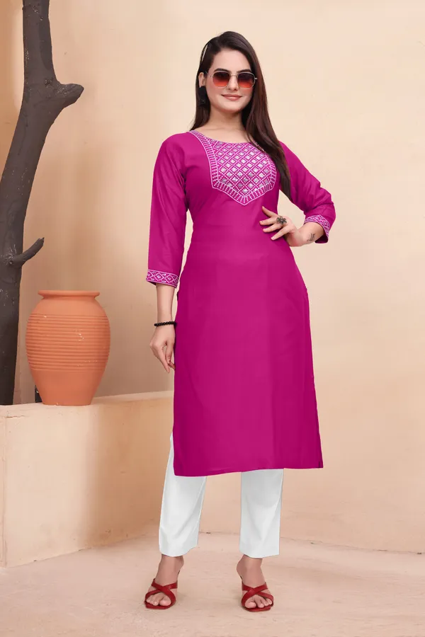 Pink_Cotton_Rayon_Embroidered_3/4_Sleeve_Round_Neck_Kurta_For_Women