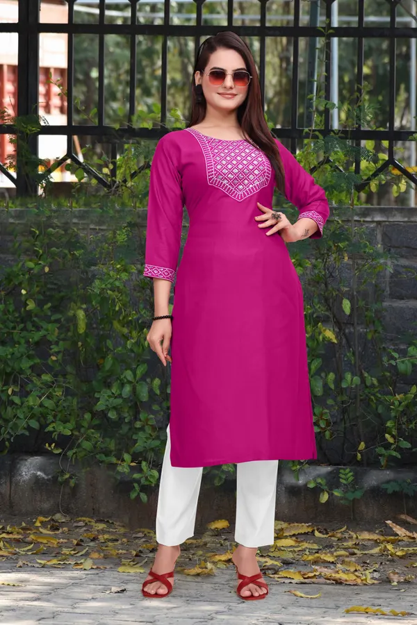 Pink_Cotton_Rayon_Embroidered::Solid_3/4_Sleeve_Round_Neck_Kurta_For_Women