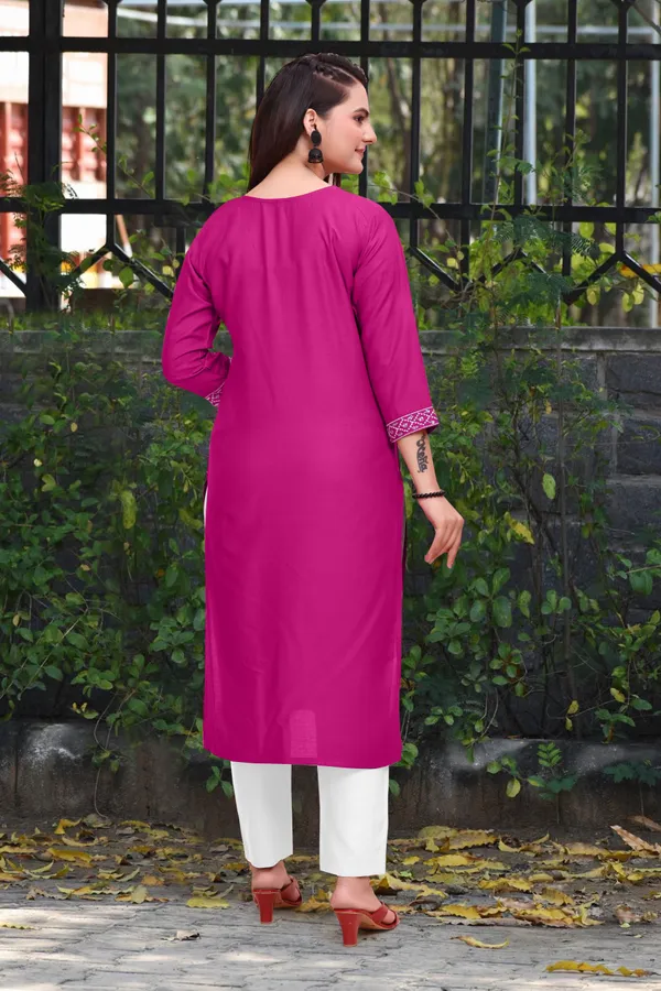 Pink_Cotton_Rayon_Embroidered::Solid_3/4_Sleeve_Round_Neck_Kurta_For_Women