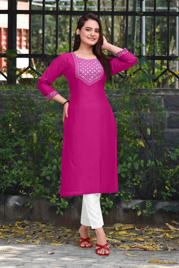 Pink_Cotton_Rayon_Embroidered::Solid_3/4_Sleeve_Round_Neck_Kurta_For_Women