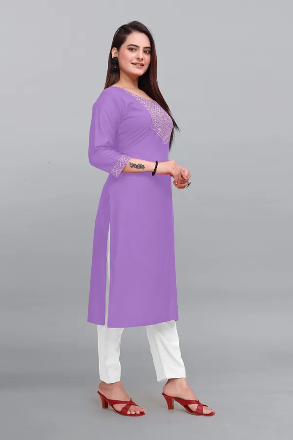 Purple_Cotton_Rayon_Embroidered_3/4_Sleeve_Round_Neck_Kurta_For_Women