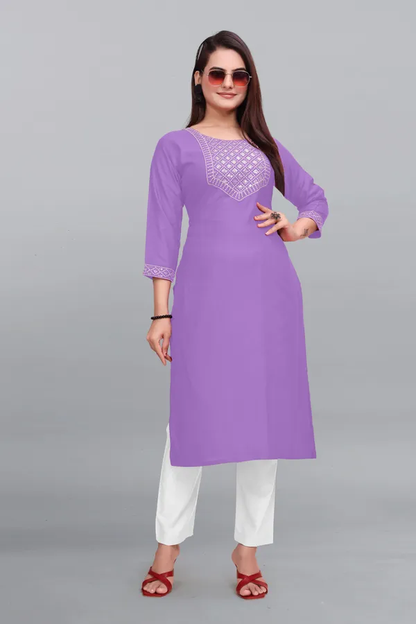 Purple_Cotton_Rayon_Embroidered_3/4_Sleeve_Round_Neck_Kurta_For_Women
