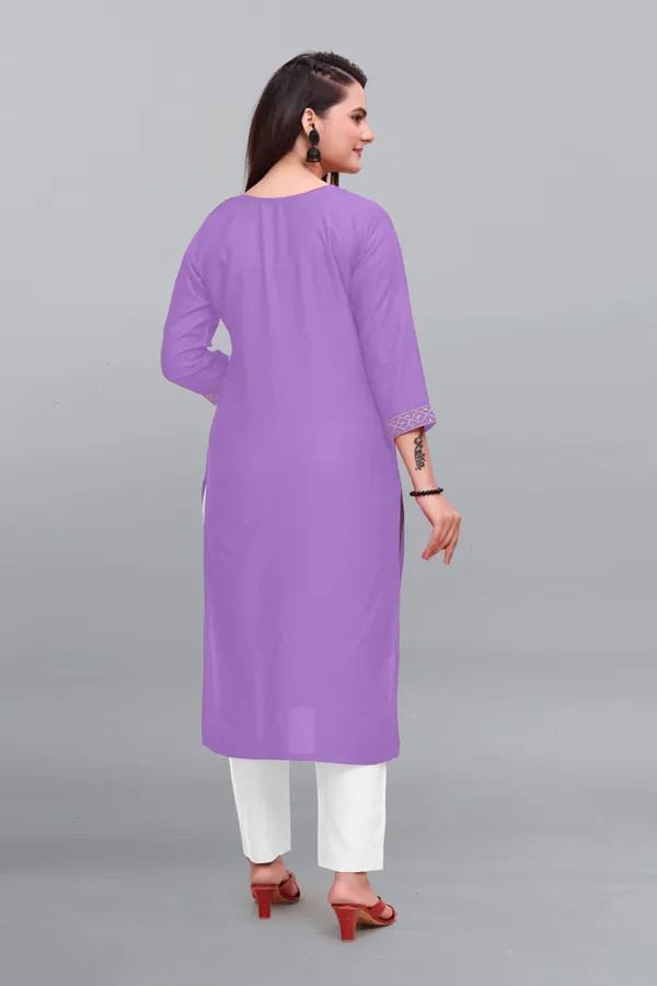 Purple_Cotton_Rayon_Embroidered_3/4_Sleeve_Round_Neck_Kurta_For_Women