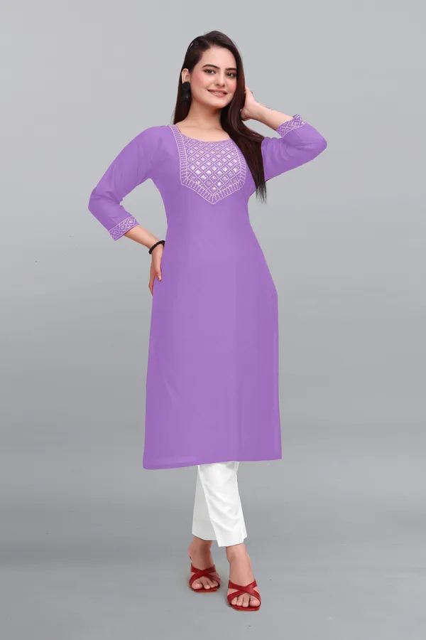 Purple_Cotton_Rayon_Embroidered_3/4_Sleeve_Round_Neck_Kurta_For_Women