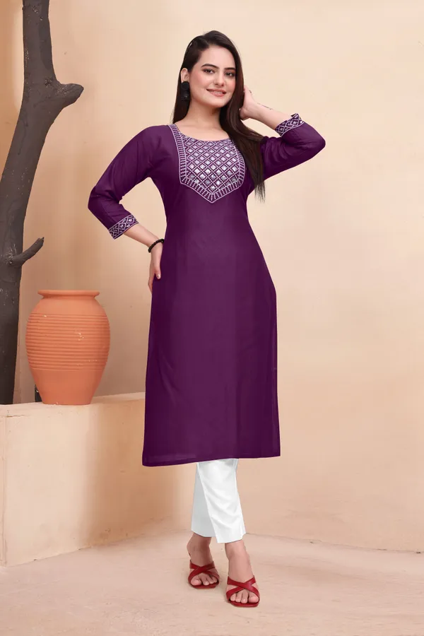 Purple_Cotton_Rayon_Embroidered::Solid_3/4_Sleeve_Round_Neck_Kurta_For_Women