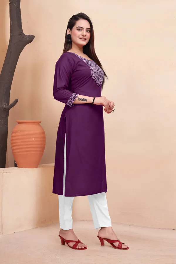 Purple_Cotton_Rayon_Embroidered::Solid_3/4_Sleeve_Round_Neck_Kurta_For_Women