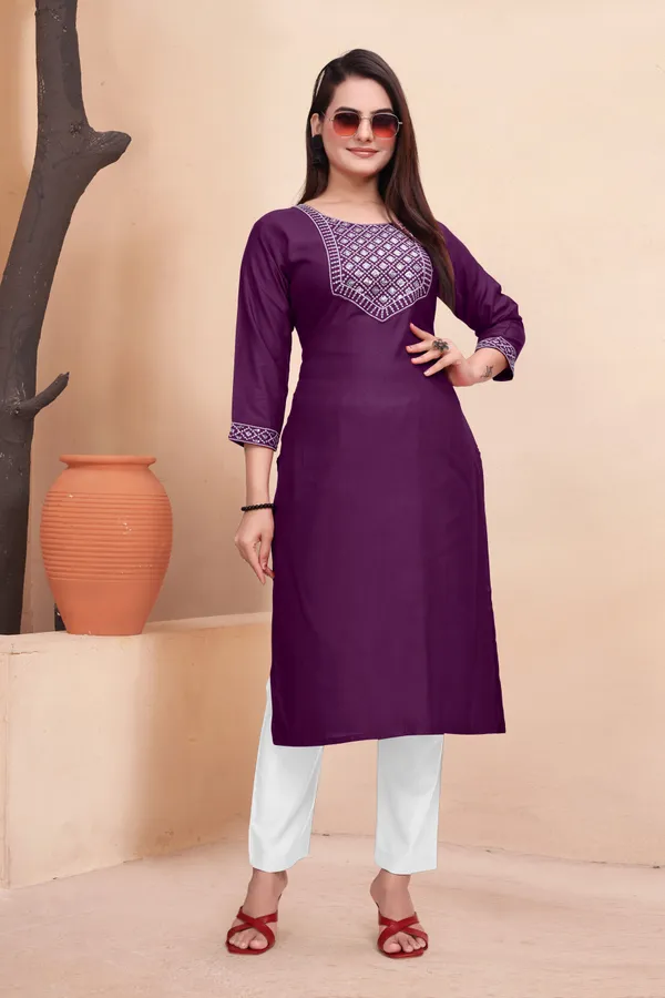 Purple_Cotton_Rayon_Embroidered::Solid_3/4_Sleeve_Round_Neck_Kurta_For_Women