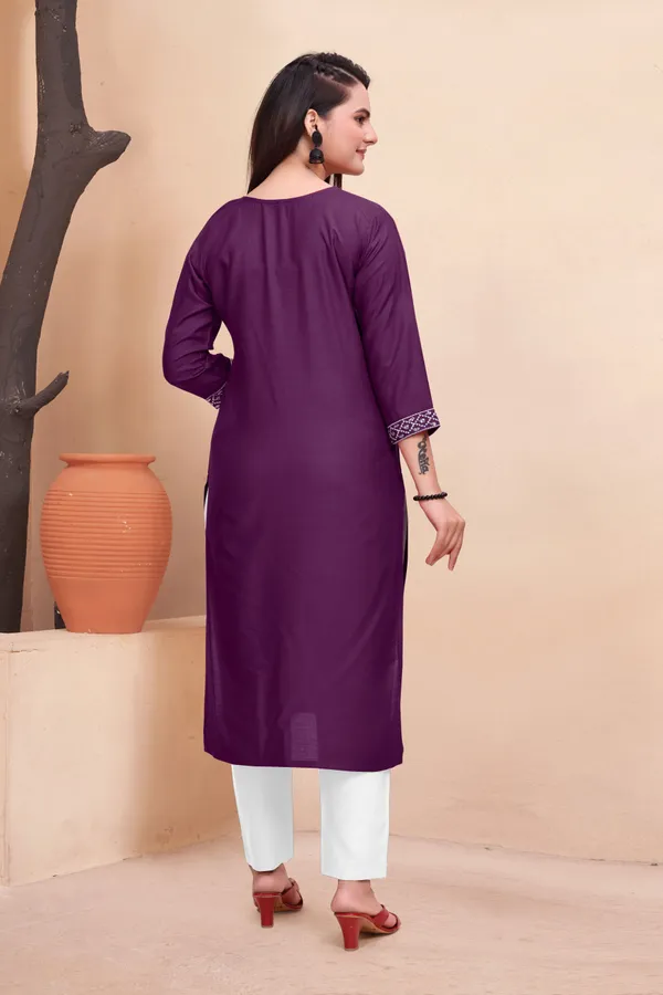 Purple_Cotton_Rayon_Embroidered::Solid_3/4_Sleeve_Round_Neck_Kurta_For_Women