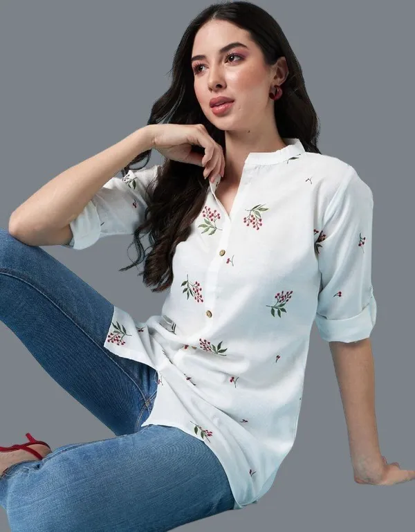 White_Cotton_Blend_Embroidered_Mandarin_Collar_Top_For_Women