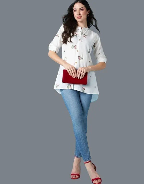 White_Cotton_Blend_Embroidered_Mandarin_Collar_Top_For_Women