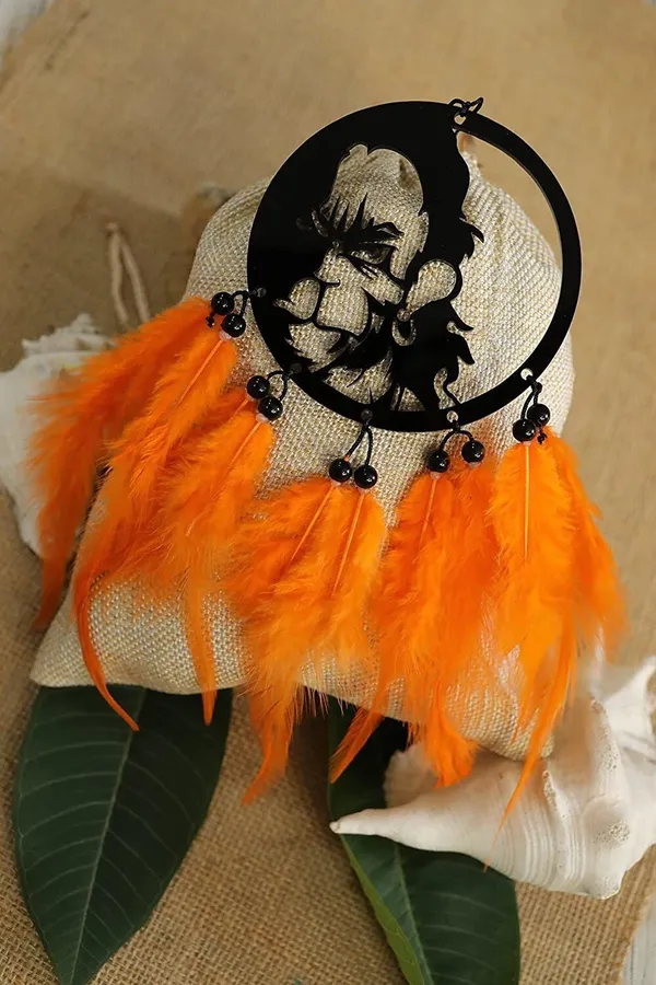 Jekemi_Dream_Catcher_For_Car_Lord_Bajrang_Bali_Hand_Made_For_Positive_Vibes_Made_With_Acrylic_Material_With_Natural_Feather_(Dimension_10�23)_Cm_Decorative_Showpiece_-_23_Cm_(Plastic,_Orange)