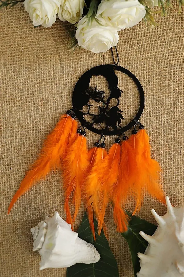 Jekemi_Dream_Catcher_For_Car_Lord_Bajrang_Bali_Hand_Made_For_Positive_Vibes_Made_With_Acrylic_Material_With_Natural_Feather_(Dimension_10�23)_Cm_Decorative_Showpiece_-_23_Cm_(Plastic,_Orange)