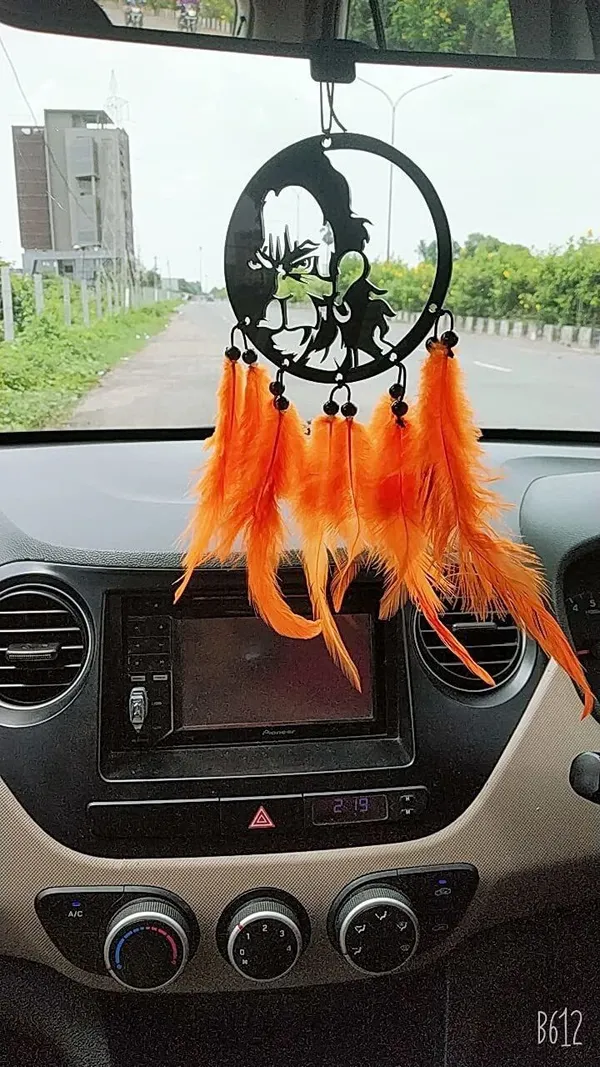 Jekemi_Dream_Catcher_For_Car_Lord_Bajrang_Bali_Hand_Made_For_Positive_Vibes_Made_With_Acrylic_Material_With_Natural_Feather_(Dimension_10�23)_Cm_Decorative_Showpiece_-_23_Cm_(Plastic,_Orange)