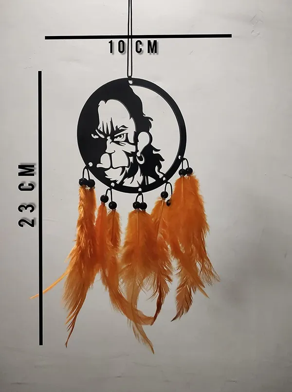 Jekemi_Dream_Catcher_For_Car_Lord_Bajrang_Bali_Hand_Made_For_Positive_Vibes_Made_With_Acrylic_Material_With_Natural_Feather_(Dimension_10�23)_Cm_Decorative_Showpiece_-_23_Cm_(Plastic,_Orange)