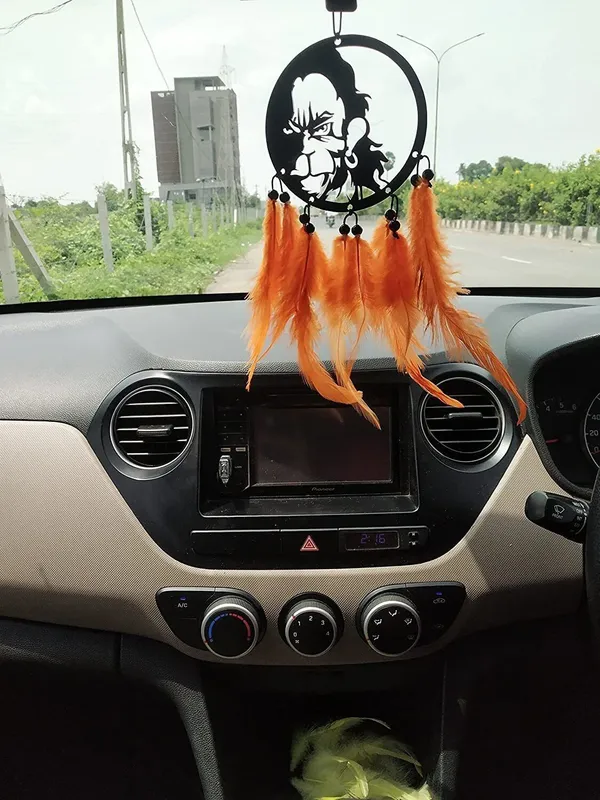 Jekemi_Dream_Catcher_For_Car_Lord_Bajrang_Bali_Hand_Made_For_Positive_Vibes_Made_With_Acrylic_Material_With_Natural_Feather_(Dimension_10�23)_Cm_Decorative_Showpiece_-_23_Cm_(Plastic,_Orange)