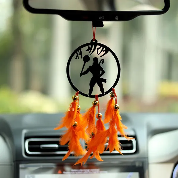 Duli_Dream_Catcher_Car_Hanging_Hanumanji_With_Orange_Feathers_Hanging_Car_Hanging_Ornament_(Pack_Of_1)