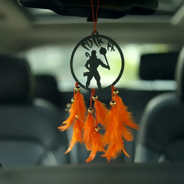 Duli_Dream_Catcher_Car_Hanging_Hanumanji_With_Orange_Feathers_Hanging_Car_Hanging_Ornament_(Pack_Of_1)