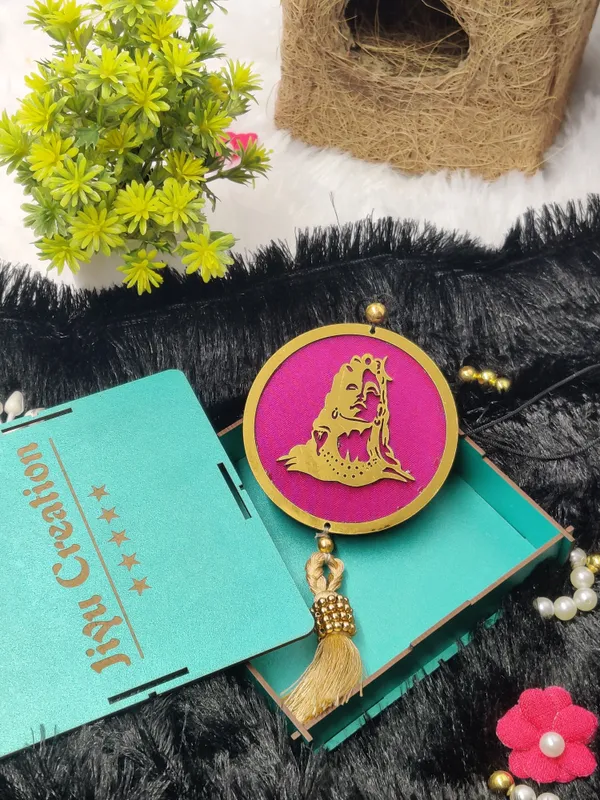 Golden_Adiyogi_Dream_Catcher_/_Pink_Background_With_Golden_Tussle_/_3D_Design_Car_Hanging_Ornament_(Pack_Of_1)