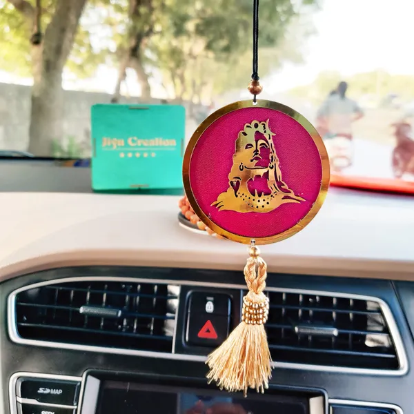 Golden_Adiyogi_Dream_Catcher_/_Pink_Background_With_Golden_Tussle_/_3D_Design_Car_Hanging_Ornament_(Pack_Of_1)