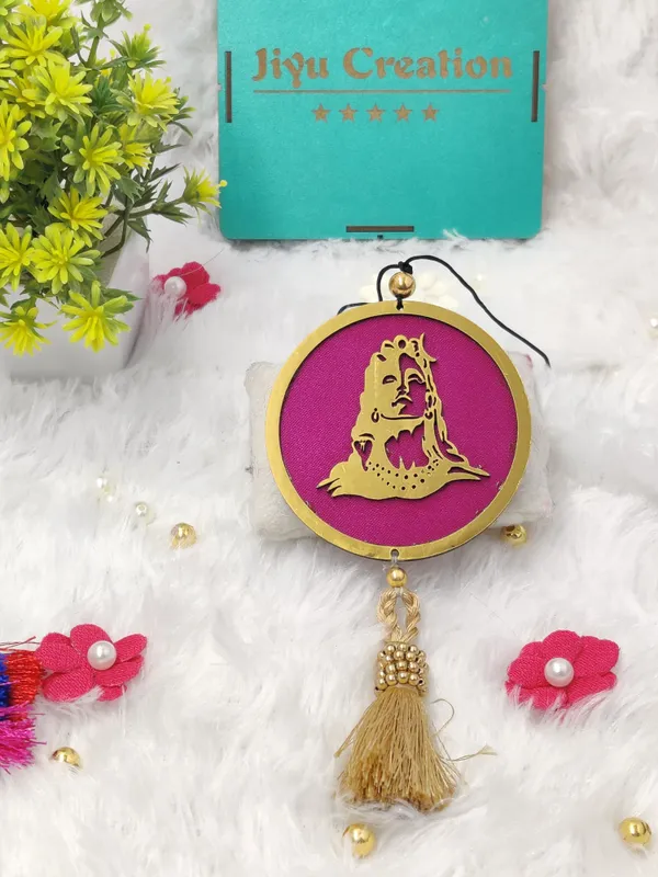Golden_Adiyogi_Dream_Catcher_/_Pink_Background_With_Golden_Tussle_/_3D_Design_Car_Hanging_Ornament_(Pack_Of_1)