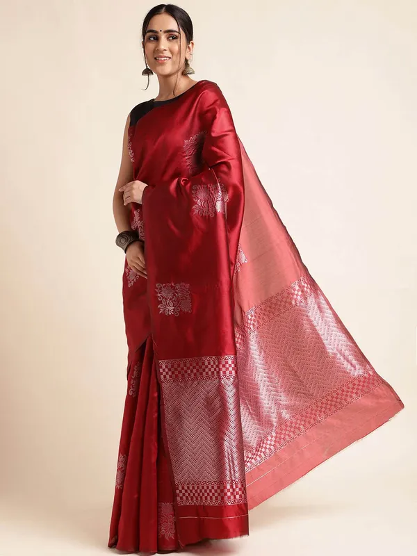 Maroon_Banarasi_Silk_Saree_with_Silver_Zari_Floral_Buttas_&_Chevron_Border_-_Blouse_Piece_Included