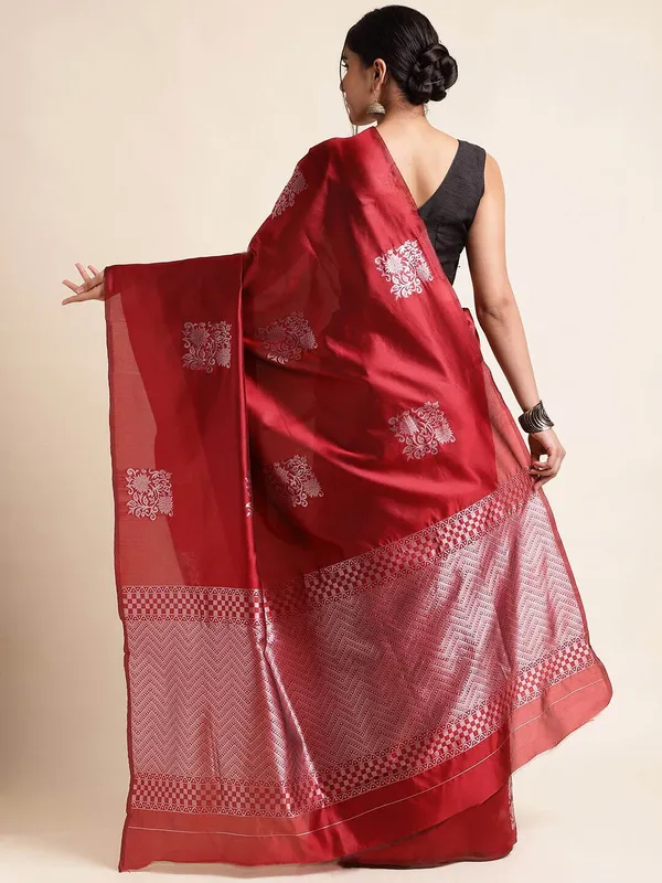 Maroon_Banarasi_Silk_Saree_with_Silver_Zari_Floral_Buttas_&_Chevron_Border_-_Blouse_Piece_Included