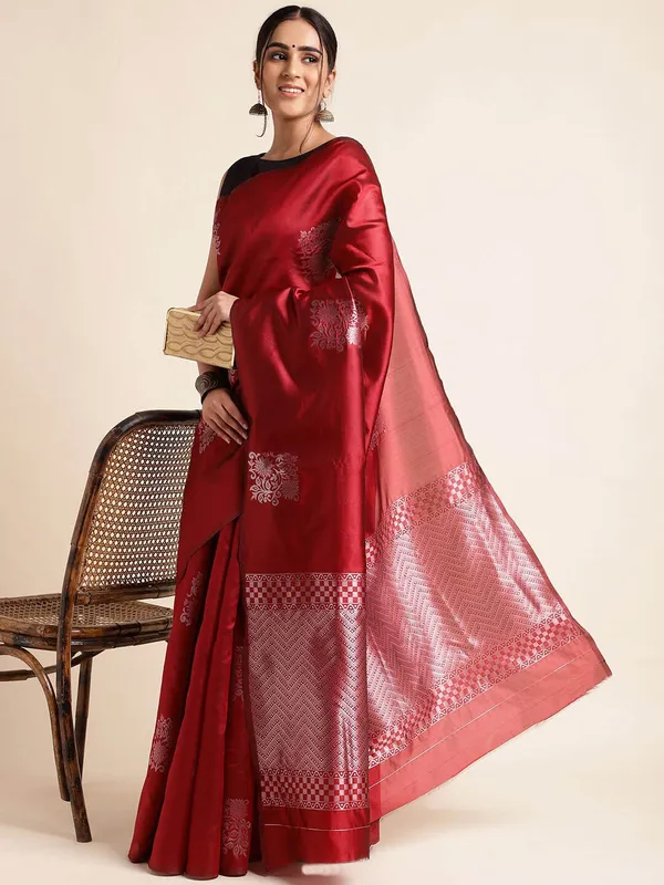 Maroon_Banarasi_Silk_Saree_with_Silver_Zari_Floral_Buttas_&_Chevron_Border_-_Blouse_Piece_Included