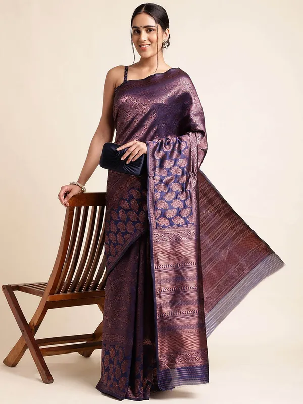 Navy_Blue_&_Wine_Banarasi_Silk_Saree_with_Zari_Floral_Buttas_&_Intricate_Woven_Pallu