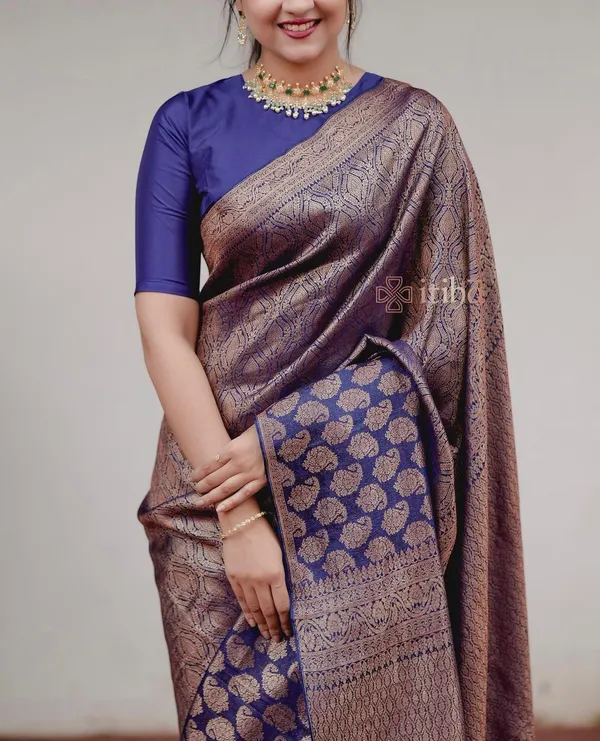Navy_Blue_Banarasi_Silk_Saree_with_Golden_Zari_Buttas_&_Intricate_Woven_Border