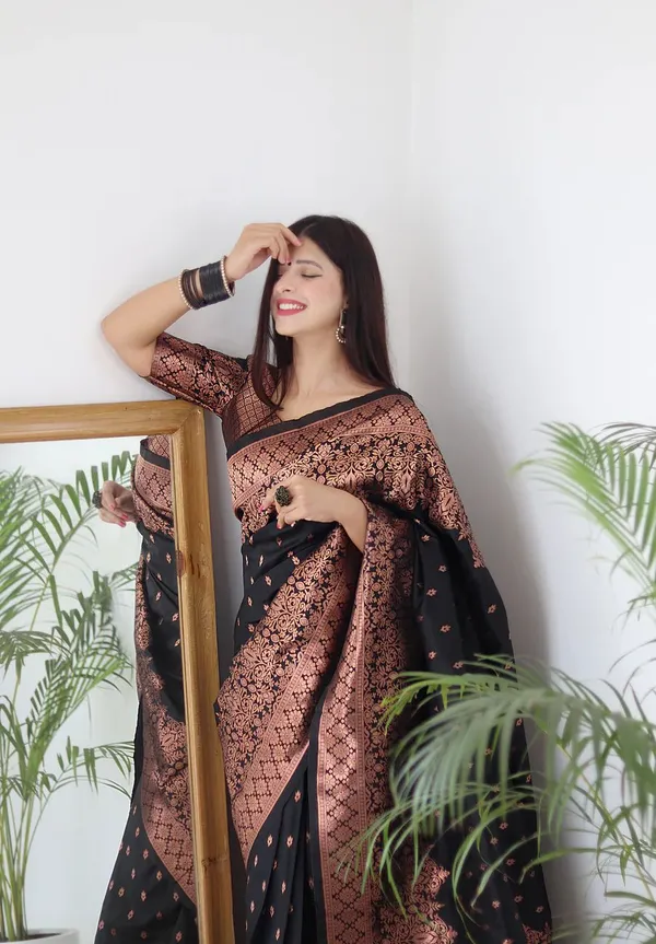 Black_Banarasi_Silk_Saree_with_Copper_Zari_Floral_Weaving_&_Intricate_Border