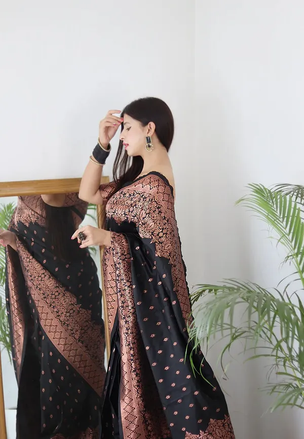 Black_Banarasi_Silk_Saree_with_Copper_Zari_Floral_Weaving_&_Intricate_Border