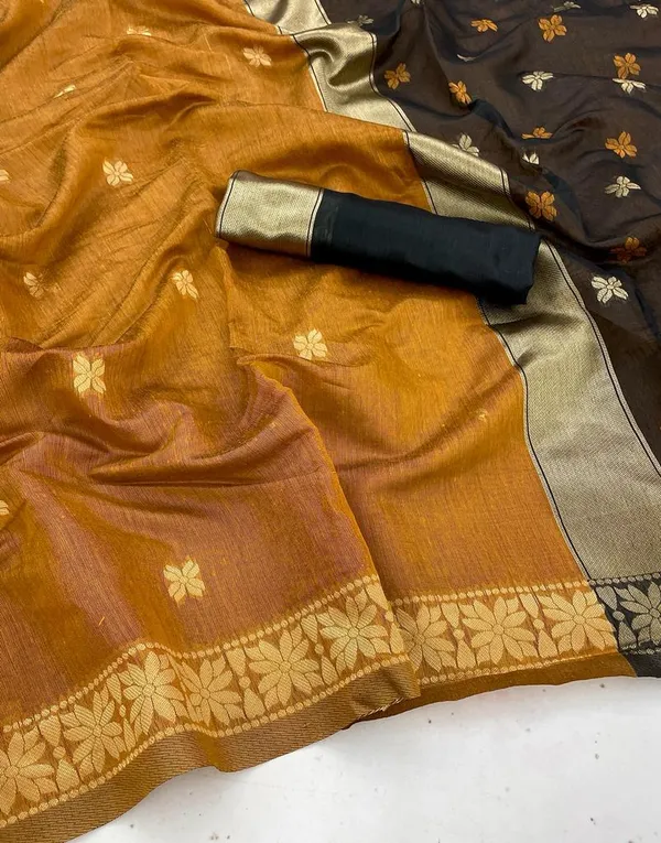 Yellow_and_Black_Kanjivaram_Silk_Saree_with_Golden_Zari_Buttas_&_Contrast_Maroon_Pallu
