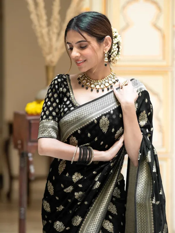 Black_Banarasi_Silk_Saree_with_Golden_Zari_Buttas_&_Intricate_Woven_Border