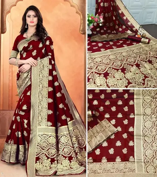 Maroon_Banarasi_Silk_Saree_with_Golden_Zari_Floral_Weaving_&_Traditional_Broad_Border