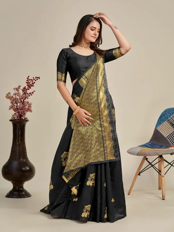 Black_Kanjivaram_Silk_Saree_with_Golden_Zari_Elephant_Motifs_&_Traditional_Pallu_-_Blouse_Piece_Included