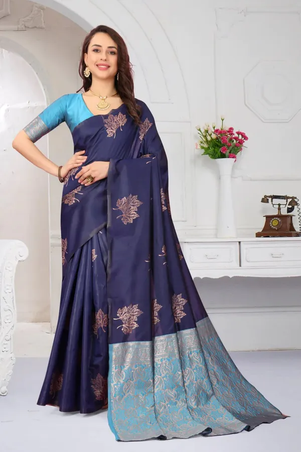 Navy_Blue_&_Turquoise_Banarasi_Silk_Saree_with_Zari_Floral_Motifs_&_Contrast_Woven_Pallu_-_Blouse_Piece_Included