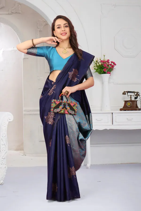 Navy_Blue_&_Turquoise_Banarasi_Silk_Saree_with_Zari_Floral_Motifs_&_Contrast_Woven_Pallu_-_Blouse_Piece_Included
