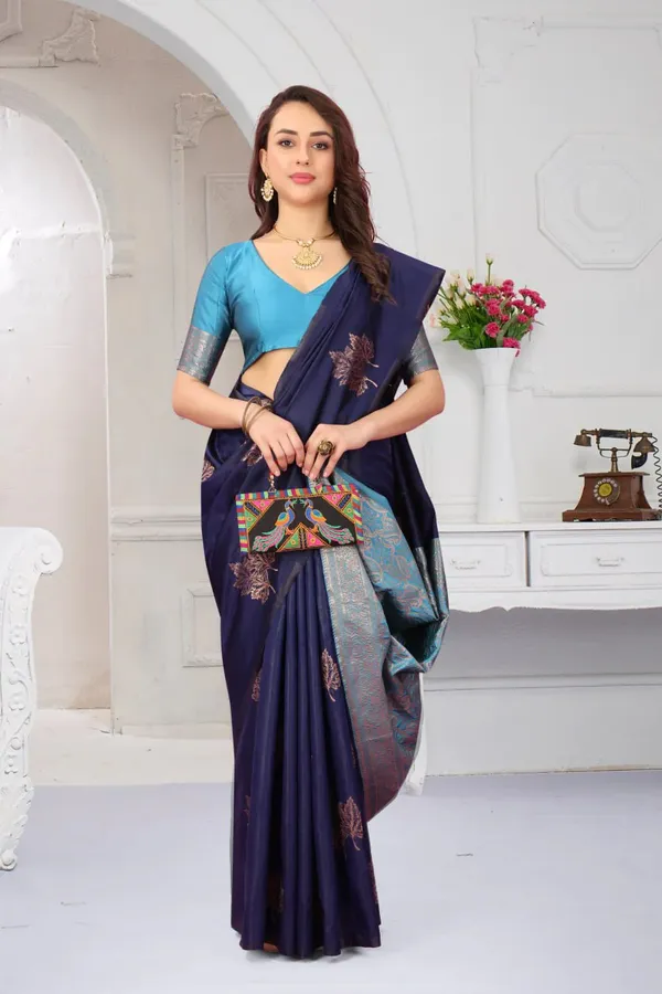 Navy_Blue_&_Turquoise_Banarasi_Silk_Saree_with_Zari_Floral_Motifs_&_Contrast_Woven_Pallu_-_Blouse_Piece_Included