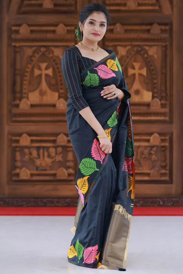 Black_Cotton_Silk_Saree_with_Multicolor_Leaf_Print_&_Golden_Zari_Border