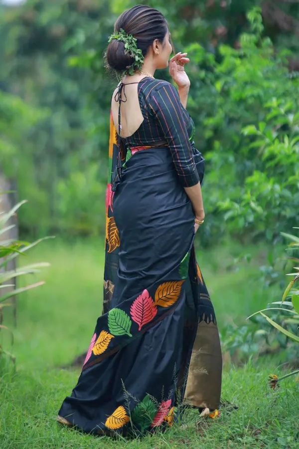Black_Cotton_Silk_Saree_with_Multicolor_Leaf_Print_&_Golden_Zari_Border