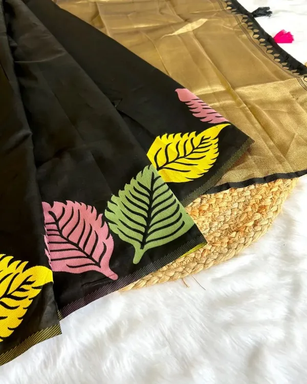 Black_Cotton_Silk_Saree_with_Multicolor_Leaf_Print_&_Golden_Zari_Border