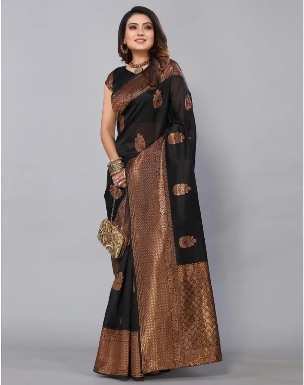 Black_Banarasi_Silk_Saree_with_Copper_Zari_Buttas_&_Rich_Woven_Border