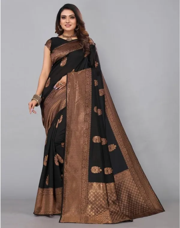 Black_Banarasi_Silk_Saree_with_Copper_Zari_Buttas_&_Rich_Woven_Border