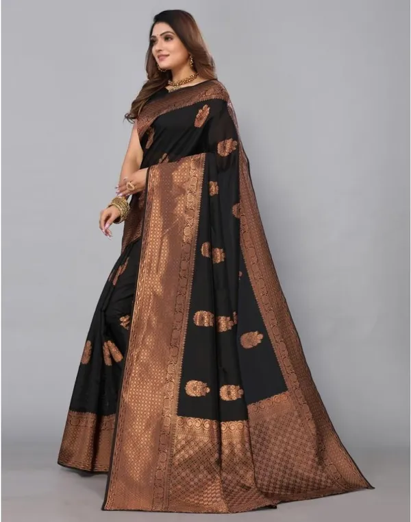 Black_Banarasi_Silk_Saree_with_Copper_Zari_Buttas_&_Rich_Woven_Border