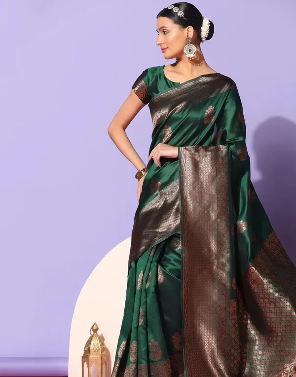 Green_Banarasi_Silk_Saree_with_Copper_Zari_Buttas_&_Rich_Woven_Border